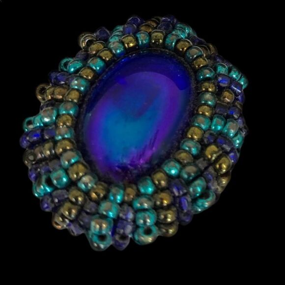 Hand beaded royal blue glass cabs turquoise gold glass bezel pierced earrings - Picture 8 of 13